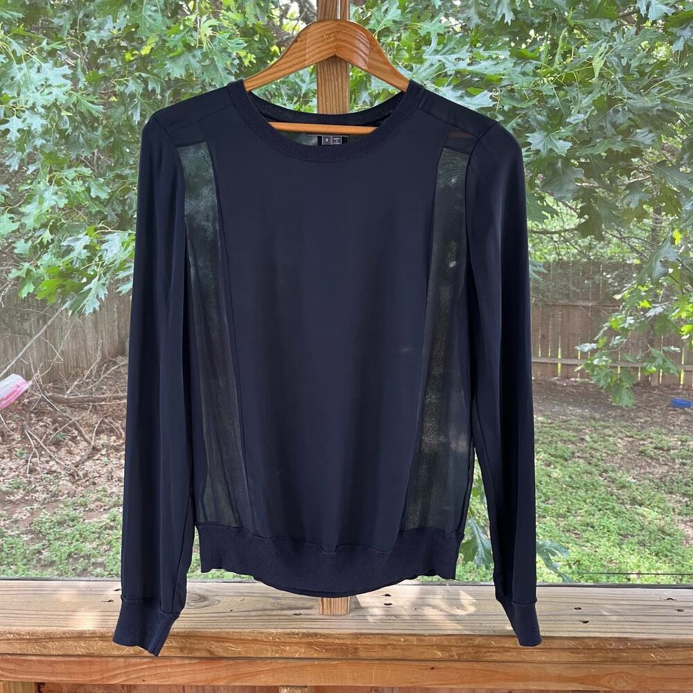 Vince Women's Navy Black Silk Sheer Paneled Top Size S